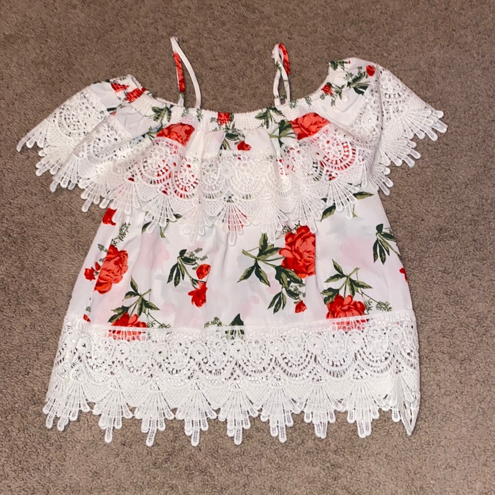 White Lace Red Floral Off the Shoulder Tank